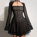 Purpdrank  Elegant Fashion Sexy Lace A-Line Dress See Through Dark Bandage Backless Square Collar Long Sleeve Mini Dresses For Women