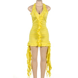 Purpdrank  Yellow Ruffles Sexy Halter Backless Summer Dresses for Women 2025 Fashion Asymmetrical Deep V-Neck Mini Party Prom Dress Ladies