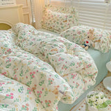 Purpdrank  Cute Floral Duvet Cover Set Ins Korean Style with Flat Sheet Pillowcase No filler Washed Cotton Queen Full Twin Home Bed Linen