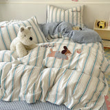 Purpdrank  Cute Cartoon Embroidery Stripe Bedding Set Washed Cotton Soft Four Piece Sets Pillowcase Duvet Cover Set 200x230cm Home Textiles