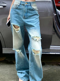 Purpdrank  Retro ripped jeans women summer American style high street straight leg pants design sense high waisted floor length pants