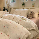 Purpdrank  INS Korean Style2025 New Yungan Cotton Wrinkled Double-layer Yarn Lace Bedding Sets