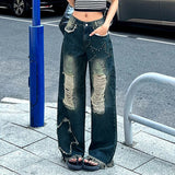 Purpdrank  High Street Denim Women's Long Trousers Retro Star Hollow Out Female Wide-leg Trousers Vintage High Waist Pockets Lady Pants