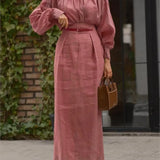 Purpdrank  Women's Fashion Solid Skirt Set Elegant O-neck Full Sleeve Pleated Top Loose Maxi Skirt With Belted Lady 2025 Summer Chic Outfit