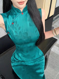 Purpdrank  Vintage Peacock Blue Green Sleeveless Dress Qipao New Chinese Style Printed Long Elegant Floral Print Cheongsam Slim Morden