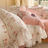 Purpdrank  Skin Friendly Printed Bedding Set With Lace Duvet Cover Bed Sheet Pillowcases A-Class Four Piece Set Bedroom Decor Home Textiles