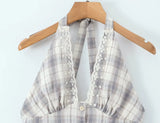 Purpdrank  Sexy Front Open Buttons Plaid Spliced Lace Tie Bow Halter V Collar Mini Dress Women No Back Backless A-line Short Dresses Robe