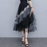Purpdrank - Fashion Patchwork Tulle Long Skirt Women 2023 Spring Summer Elegant High Street Mesh High Waist Pleated Midi Skirt Female