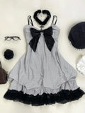 Purpdrank  French Vintage Gothic Striped Bow Dress Woman New Design Fashion Slim Casual Party Dresses Summer Retro Aesthetic Clothing