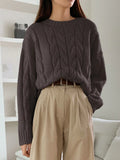 Purpdrank  Women Fall Winter Twist Knit Top Pullover Sweater Loose Round Neck Solid Color Versatile Fashionable Comfortable Petite