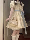Purpdrank  Sweet Floral Doll Collar Princess Style Dress Women's Summer Bubble Sleeve Short Waist Cinched Fluffy Skirt Citywalk A-Line