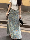 Purpdrank  Oversized American Retro Print Denim Skirt Women Spring/Summer New High Waist A-line Raw Edge Temperament Wrap Hip Long Skirts