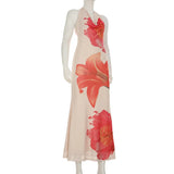 Purpdrank  Summer Fashion Sheer Mesh Floral Print Long Dress Women Sexy Halter Swinging Collar Sleeveless Backless Holiday Maxi Dress