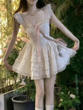 Purpdrank  Summer Sweet Floral Mini Dress Women Casual Kawaii Lace Bow Square Neck Dress Y2k Elegant Chic Evening Party Dress New