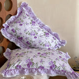 Purpdrank  Rustic Vintage French Rose Floral Ruffles 100% Cotton Bedding Set Duvet Cover Set Flat/Fitted Bed Sheet Pillowcases 4Pcs