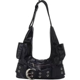 Purpdrank  Belt buckle Women PU Rivet Multiple Pockets Shoulder Bag for Women Y2k Gothic Aged Leather New Designer Luxury Fashion Tote Bag