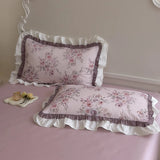 Purpdrank  500TC Egyptian Cotton Vintage French Rose Flowers Print Ruffles Bedding Set Duvet Cover Flat/Fitted Bed Sheet Pillowcases 4Pcs