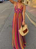 Purpdrank  Fashion Hollow Backless Bohemian Dresses Sexy Ladies V-Neck Sleeveless High Waist Long Dress Summer Beach Colorful Stripe