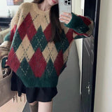 Purpdrank  Red Green Argyle Sweater for Women Comfy Knitted Crew Neck Loose-fit Pullovers Female Christmas Sweater Autumn Winter Outfit