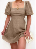 Purpdrank  Hot Sale Of The Season Spring Cotton Lin Mini Dress Street Style Comfortable Casual Pure Color Square Collar Lantern Sleeve