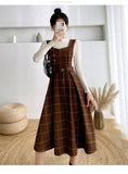 Purpdrank - High Quality Fall Winter Women Sweater Overalls Dress Sets Casual Knitted Tops +Plaid Woolen Dress 2 Piece Sets Outfits Female