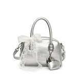 Purpdrank  Mini Boston Shoulder Crossbody Bags For Women Lace Bowknot Round Top-handle Bag With Heart Pendant 2025 Designer Handbags