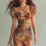 Purpdrank  Boho Vacation Summer Beach Dress Woman Spring Square Collar Hollow Split Bodycon Long Dress Sexy Puff Sleeve Ruffle Maxi Dresses