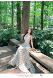 Purpdrank  French Style Polka Dot Print Halter Neck Dress Lace Vacation Long Dress