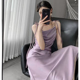 Purpdrank  Elegant Sling Satin Dresses For Women Summer Sleeveless Folds Purple Long Dress Vestidos