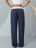 Purpdrank  Women Casual Cargo Pants Solid Deep Blue Black Patchwork Straight Leg Trousers With Multiple Pockets