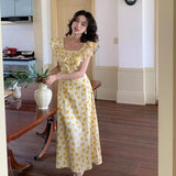 Purpdrank  French Floral Dress Female Summer Slim Square Collar Temperament Ruffled Long Skirt