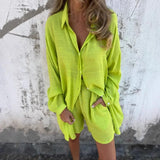 Purpdrank  Women's Casual Solid Color Cotton and Linen Shorts Long Sleeve Wrinkle Shirt Two-piece Set