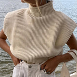 Purpdrank  Turtleneck Sleeveless Vest Sweater Women With Shoulder Pads Knitted Pullover Autumn Winter Jumper Casual Tops Fashion