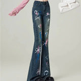 Purpdrank  Graphic With Print Flare Trousers Pattern Womens Flared Jeans High Waist Shot Fitted Trend 2025 Unique R Z Denim Pants for Women