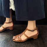 Purpdrank   New Summer Women Sandals Genuine Leather Women Shoes Square Toe Low Heel Shoes Narrow Band Cover Toe Modern Sandals