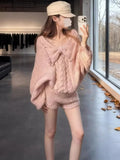 Purpdrank  Korean Sweet Pink Knit Shorts Set Women Cute Bow Design Pullovers + Fit Chic Pants New Kawaii Knitting Pure Desire Outfits