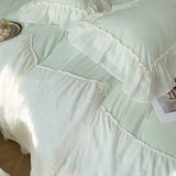Purpdrank  Green Chiffon Lace Embroidery Bedding Set Home Textile 100%Cotton Solid Color Princess Ruffles Duvet Cover Bed Sheet Pillowcases