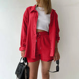 Purpdrank  Summer Cotton Linen High Waist Shirt Shorts Women Turn Down Collar Long Sleeve Tops and Shorts Suit Cotton Casual Two Piece Sets