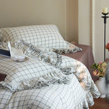 Purpdrank  Vintage French Large Ruffles Embroidery Wide Edge 100% Cotton Bedding Set Duvet Cover Flat/Fitted Bed Sheet Pillowcases 4Pcs