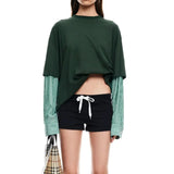 Purpdrank  Autumn 2025 Women's Loose Knitted Long Sleeve Shirt T-Shirt Color Block Design Crew Neck Base Shirt Sleeve Cross-Border Fashion