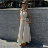 Purpdrank  Cotton Linen Contrast Dress Women Lapel Single Breasted Sleeveless Vestidos Female 2025 Spring Summer Chic High Waist Dresses