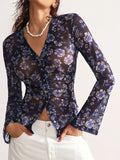 Purpdrank  Print Blouse Women Stand Collar Single Breasted Shirts Long Sleeve Vintage Fashion Top Spring Summer New Female Blouse
