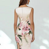 Purpdrank  New Office Elegant V Neck Women's Dress Spring Floral Print Slim Party Dresses Summer Sleeveless Back Zippers Holiday Dress