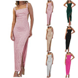 Purpdrank  Women Dresses Sexy Backless Sequin Suspender Long Dress Slim Slit Square Neck Party Dress Cocktail Split Vestidos Robes Longues