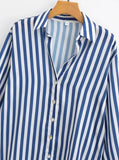 Purpdrank  CHIC Autumn Lapel Blue White Striped Print Bright Satin Shirt Women Single-Breasted Buttons Full Sleeve Loose Blouses Tops