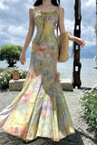 Purpdrank  Women Summer Holiday Beach Long Dress Vintage Printed Floral Sexy Bodycon Dress Strapless V-neck Elagant Lace-up Party Dress