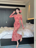 Purpdrank  Sexy Long Sleeve Lace Cheongsam Dress Waist Cinched Maxi Skirt for Women Southeast Asia Cross Border Elegant Commute Style