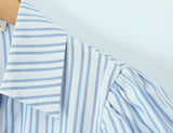 Purpdrank  Stylish Blue White Striped Lapel ollar Short Puff Sleeve Shirt Women Slim Waist Open Buttons Crop Blouse Girl's Tops