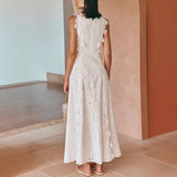 Purpdrank  Casual Spring Loose O Neck Lace Appliques Bandage Sleeveless Hollow Out Beach Vacation Long Dress Summer Party Dress for Women