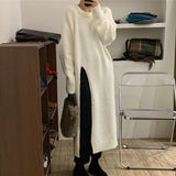 Purpdrank Korean Elegant Split Autumn Knitted Sweater Dress Women O-Neck Vintage Midi Dress Loose Party Dresses Solid Color Straight